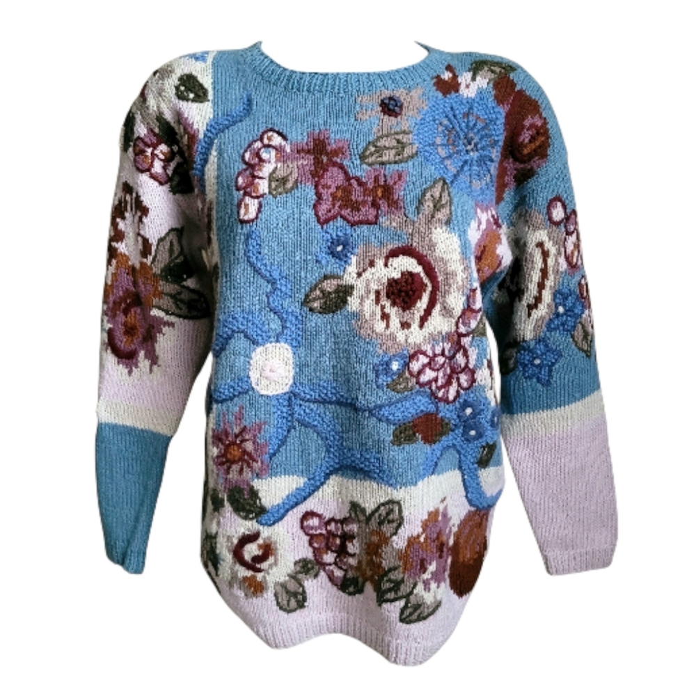 Vintage Lauren Hansen Womens Cottagecore Embroidered Floral Sweater Size M